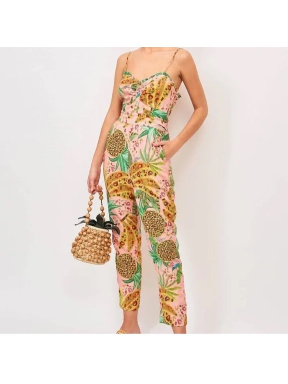 Farm Rio Womens Sz XS Smocked Jumpsuit Tropical Fruit Design /Pockets